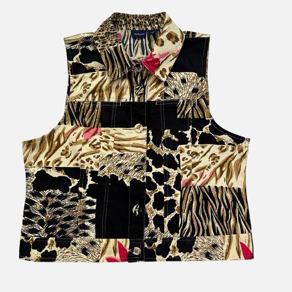 Westbound Jackets & Blazers - Westbound Vest Cotton Womens Large Animal Safari Print Button Up Tan Black